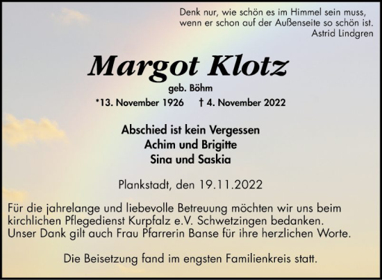 Traueranzeige von Margot Klotz von Schwetzinger Zeitung