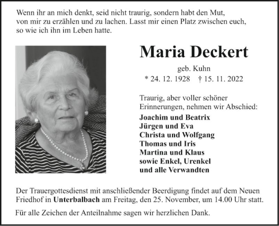 Traueranzeige von Maria Deckert von Fränkische Nachrichten