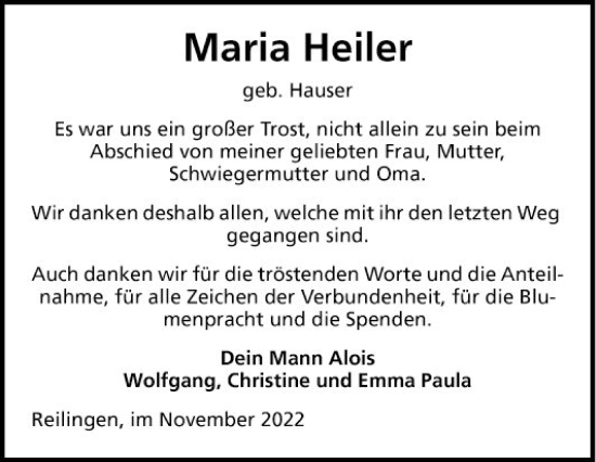 Traueranzeige von Maria Heiler von Schwetzinger Zeitung