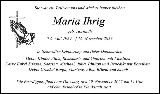 Traueranzeige von Maria Ihrig von Schwetzinger Zeitung