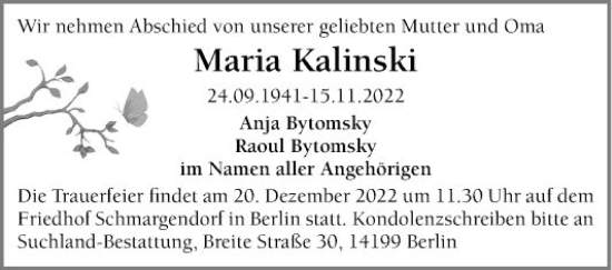 Traueranzeige von Maria Kalinski von Mannheimer Morgen