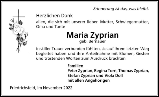 Traueranzeige von Maria Zyprian von Mannheimer Morgen