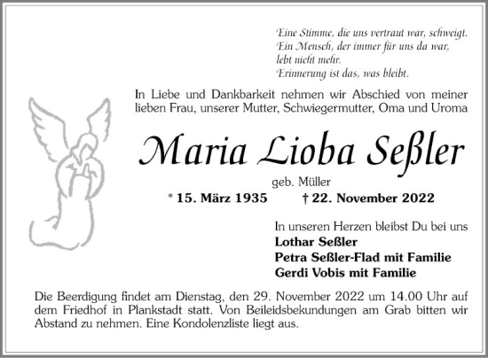 Traueranzeige von Maria Lioba Seßler von Schwetzinger Zeitung