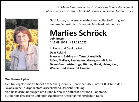 Traueranzeige von Marlies Schröck von Fränkische Nachrichten