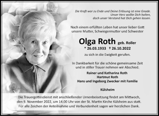 Traueranzeige von Olga Roth von Fränkische Nachrichten