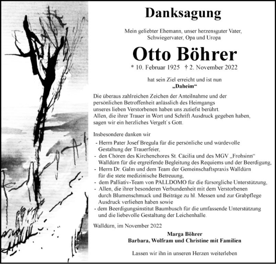 Traueranzeige von Otto Böhrer von Fränkische Nachrichten