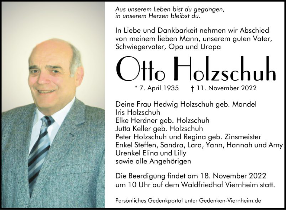  Traueranzeige für Otto Holzschuh vom 15.11.2022 aus Mannheimer Morgen