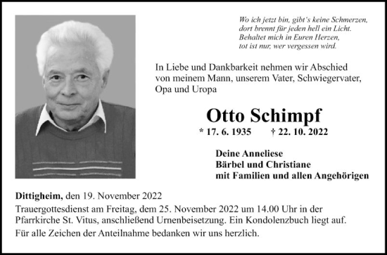 Traueranzeige von Otto Schimpf von Fränkische Nachrichten