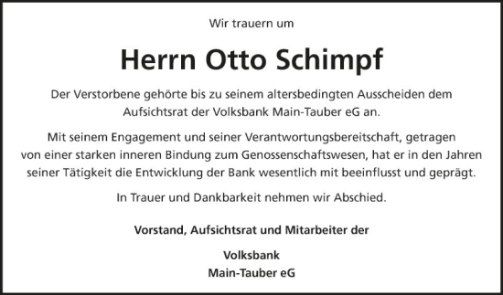 Traueranzeige von Otto Schimpf von Fränkische Nachrichten