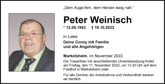 Traueranzeige von Peter Weinfisch von Fränkische Nachrichten