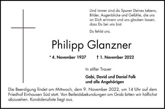 Traueranzeige von Philipp Glanzner von Bergsträßer Anzeiger