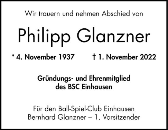 Traueranzeige von Philipp Glanzner von Bergsträßer Anzeiger