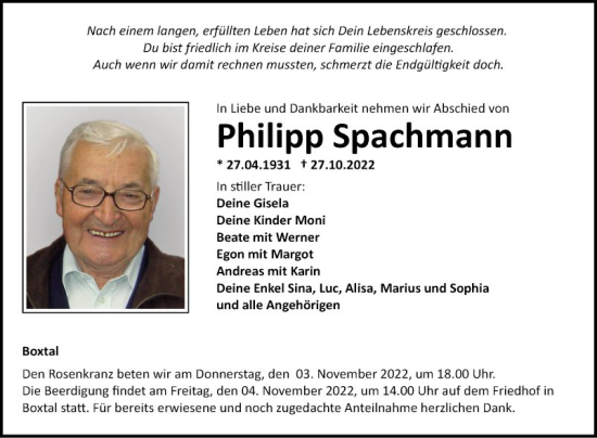 Traueranzeige von Philipp Spachmann von Fränkische Nachrichten