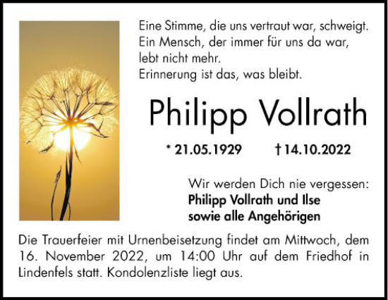 Traueranzeige von Philipp Vollrath von Bergsträßer Anzeiger