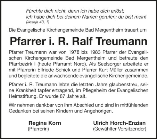 Traueranzeige von Ralf Treumann von Fränkische Nachrichten