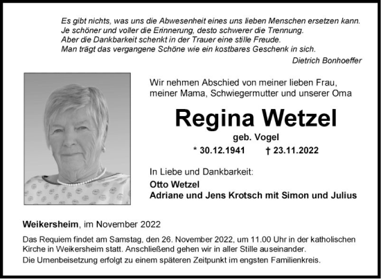 Traueranzeige von Regina Wetzel von Fränkische Nachrichten