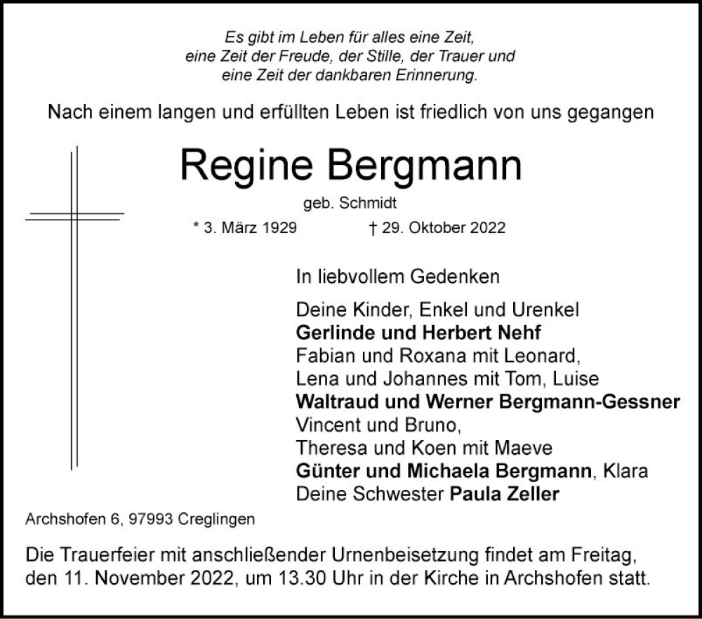  Traueranzeige für Regine Bergmann vom 09.11.2022 aus Fränkische Nachrichten