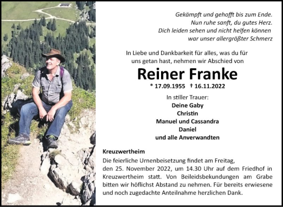 Traueranzeige von Reiner Franke von Fränkische Nachrichten