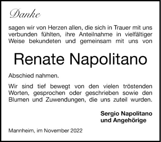 Traueranzeige von Renate Napolitano von Mannheimer Morgen