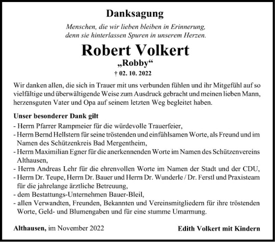 Traueranzeige von Robert Volkert von Fränkische Nachrichten