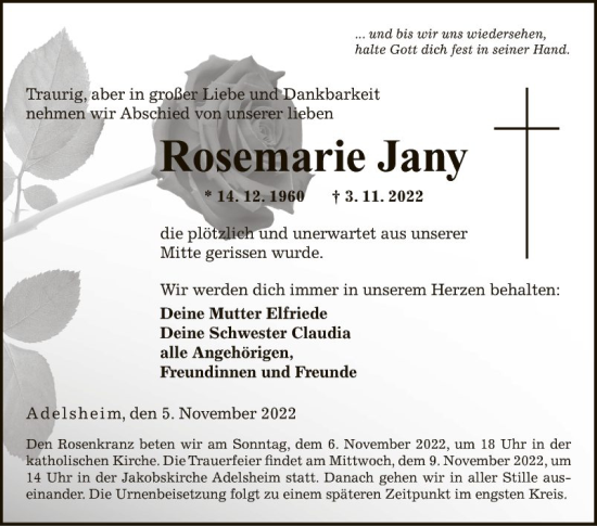 Traueranzeige von Rosemarie Jany von Fränkische Nachrichten