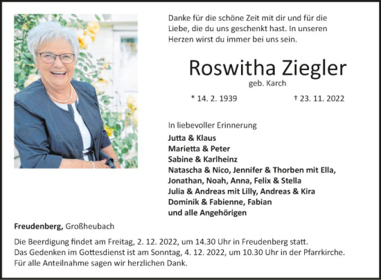 Traueranzeige von Roswitha Ziegler von Fränkische Nachrichten