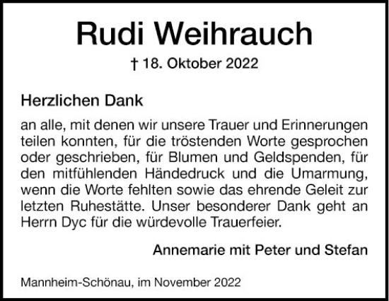 Traueranzeige von Rudi Weihrauch von Mannheimer Morgen