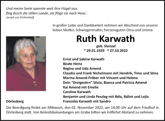 Traueranzeige von Ruth Karwath von Fränkische Nachrichten