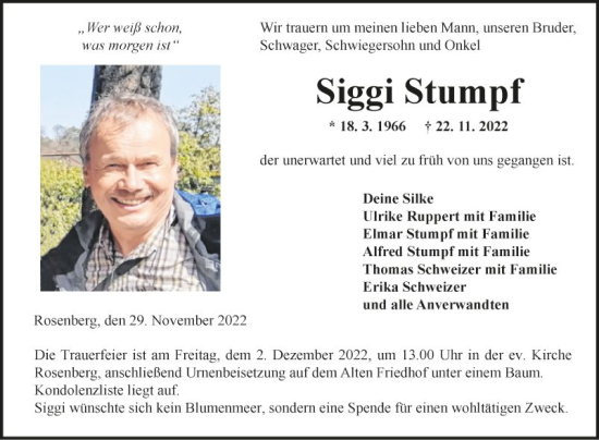 Traueranzeige von Siggi Stumpf von Fränkische Nachrichten