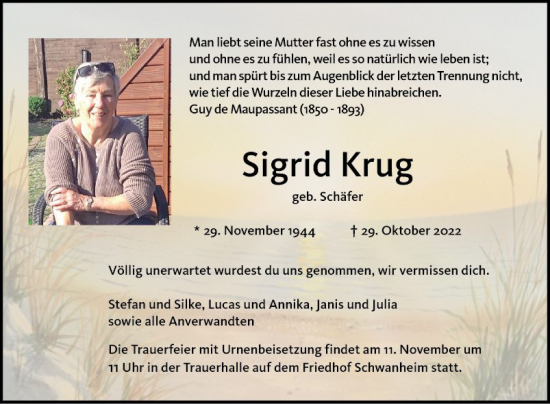 Traueranzeige von Sigrid Krug von Bergsträßer Anzeiger