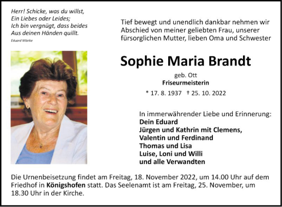 Traueranzeige von Sophie Maria Brandt von Fränkische Nachrichten