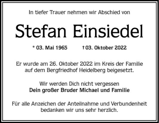 Traueranzeige von Stefan Einsiedel von Mannheimer Morgen