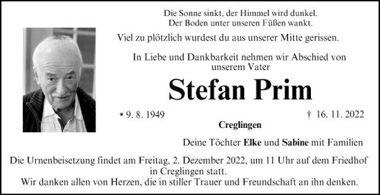 Traueranzeige von Stefan Prim von Fränkische Nachrichten