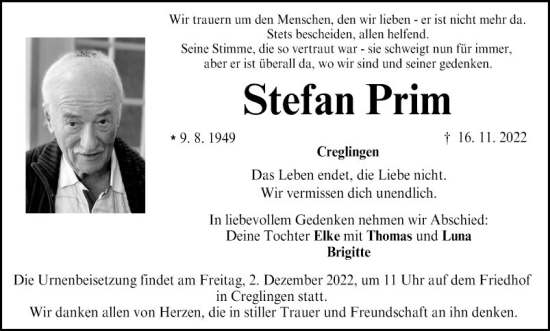 Traueranzeige von Stefan Prim von Fränkische Nachrichten