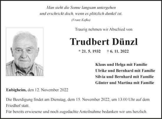 Traueranzeige von Trudbert Dünzl von Fränkische Nachrichten