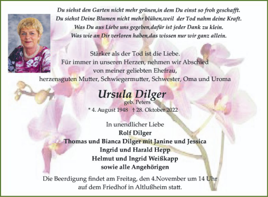 Traueranzeige von Ursula Dilger von Schwetzinger Zeitung