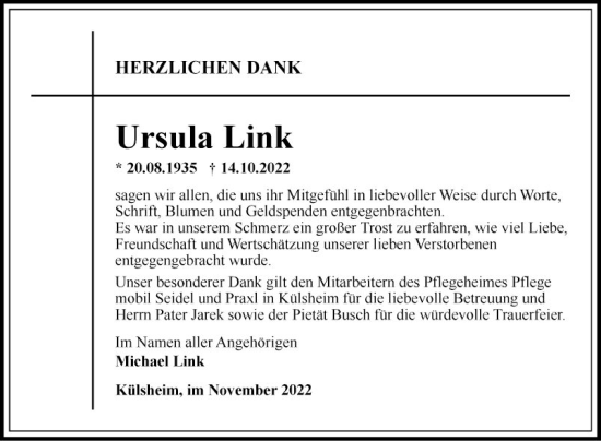 Traueranzeige von Ursula Link von Fränkische Nachrichten