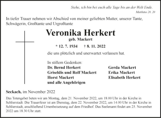 Traueranzeige von Veronika Herkert von Fränkische Nachrichten