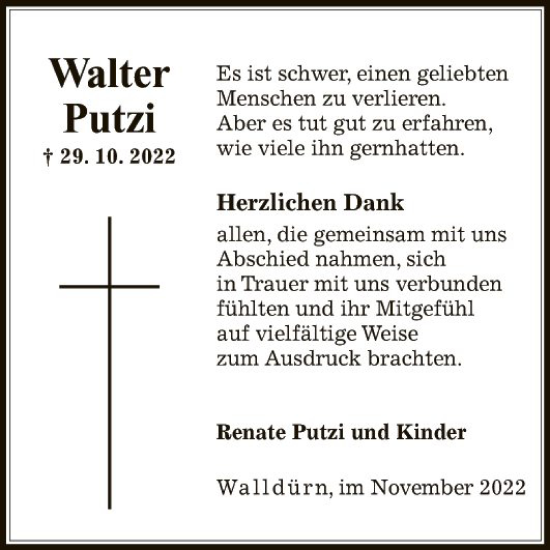 Traueranzeige von Walter Putzi von Fränkische Nachrichten