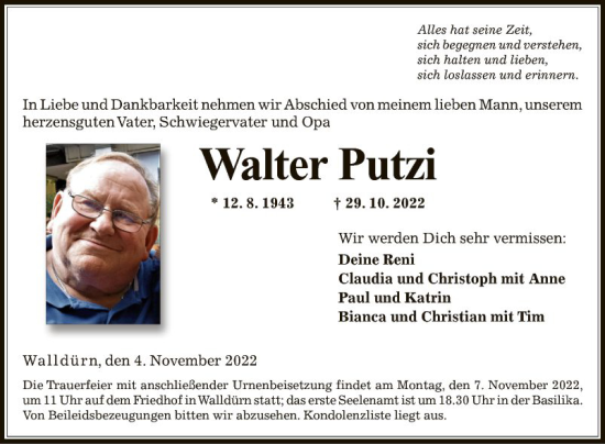 Traueranzeige von Walter Putzi von Fränkische Nachrichten