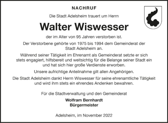 Traueranzeige von Walter Wiswesser von Fränkische Nachrichten