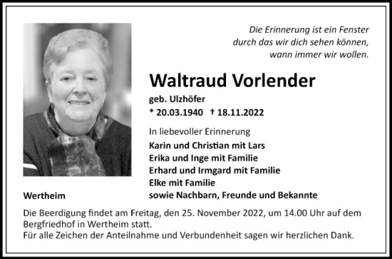 Traueranzeige von Waltraud Vorlender von Fränkische Nachrichten