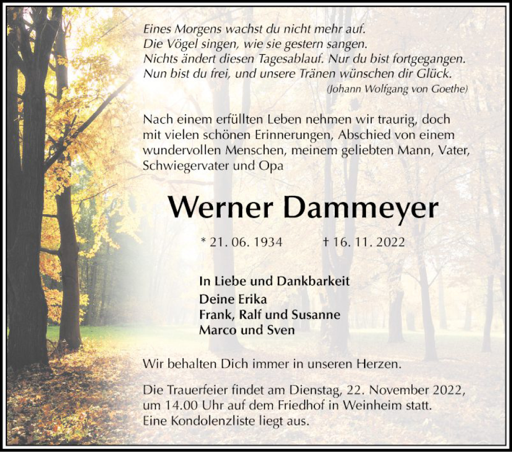  Traueranzeige für Werner Dammeyer vom 19.11.2022 aus Mannheimer Morgen
