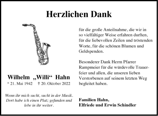 Traueranzeige von Wilhelm Hahn von Fränkische Nachrichten