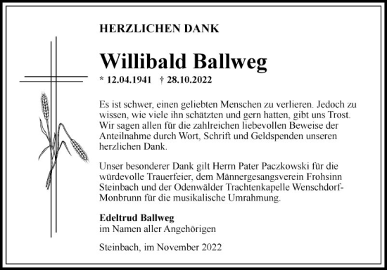 Traueranzeige von Willibald Ballweg von Fränkische Nachrichten