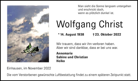 Traueranzeige von Wolfgang Christ von Bergsträßer Anzeiger