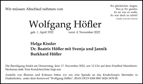 Traueranzeige von Wolfgang Höfler von Mannheimer Morgen