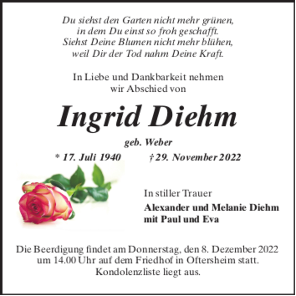  Traueranzeige für Ingrid Diehm vom 03.12.2022 aus Schwetzinger Zeitung