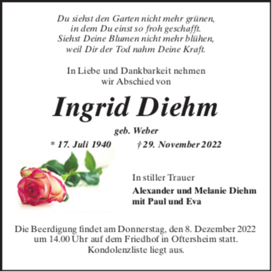 Traueranzeige von Ingrid Diehm von Schwetzinger Zeitung