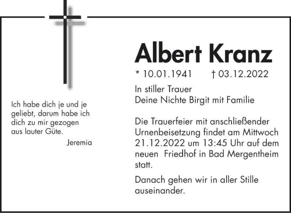  Traueranzeige für Albert Kranz vom 16.12.2022 aus Fränkische Nachrichten